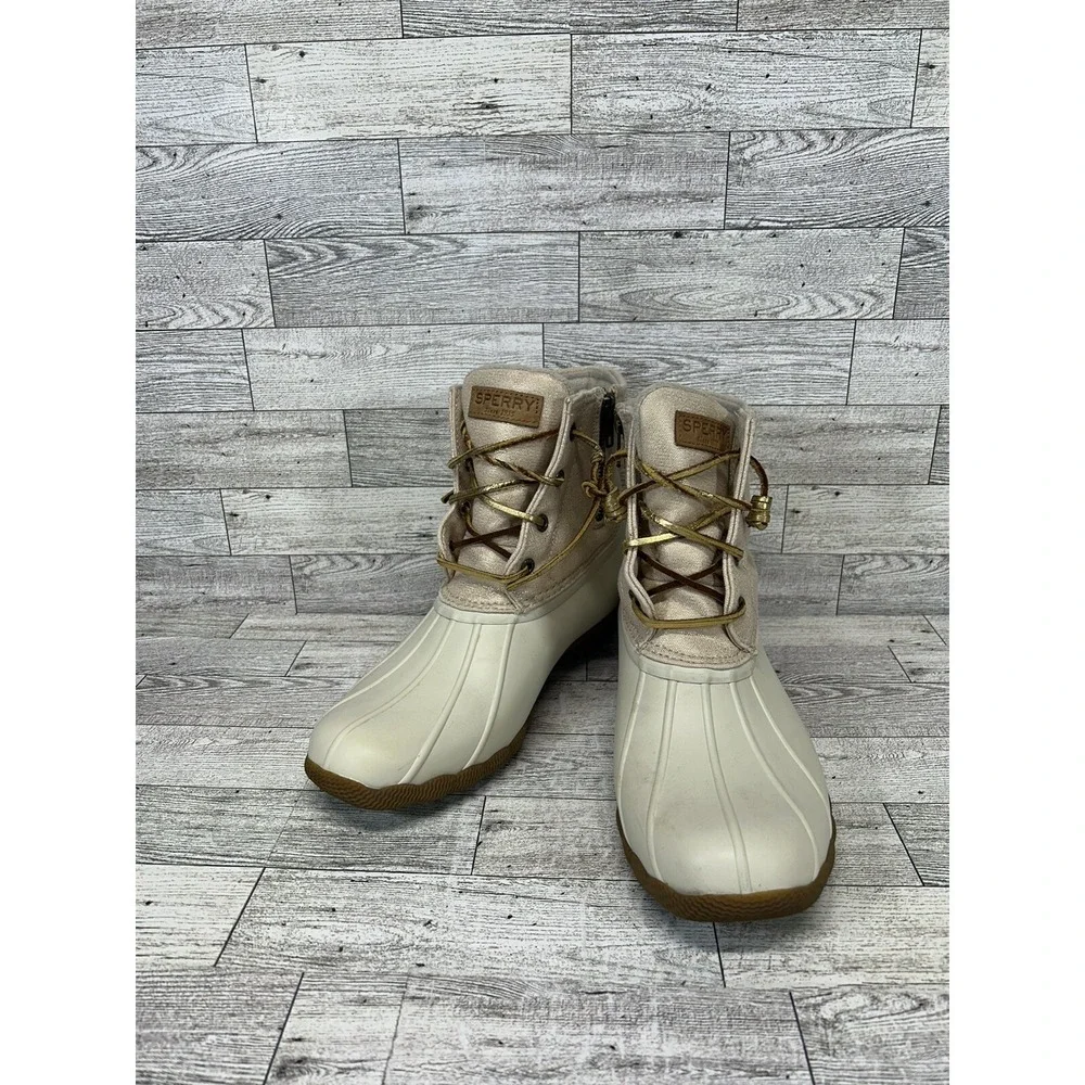 Sperry Boots Women's 9M Saltwater Duck Rain STS80493 White Cream Rubber Lace Zip
